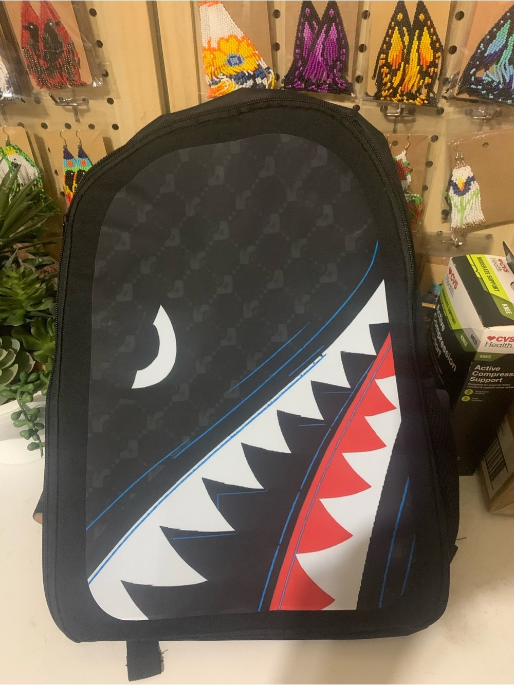 Shark-Mouth Graphic Men's Backpack - Black with Red & White Accents